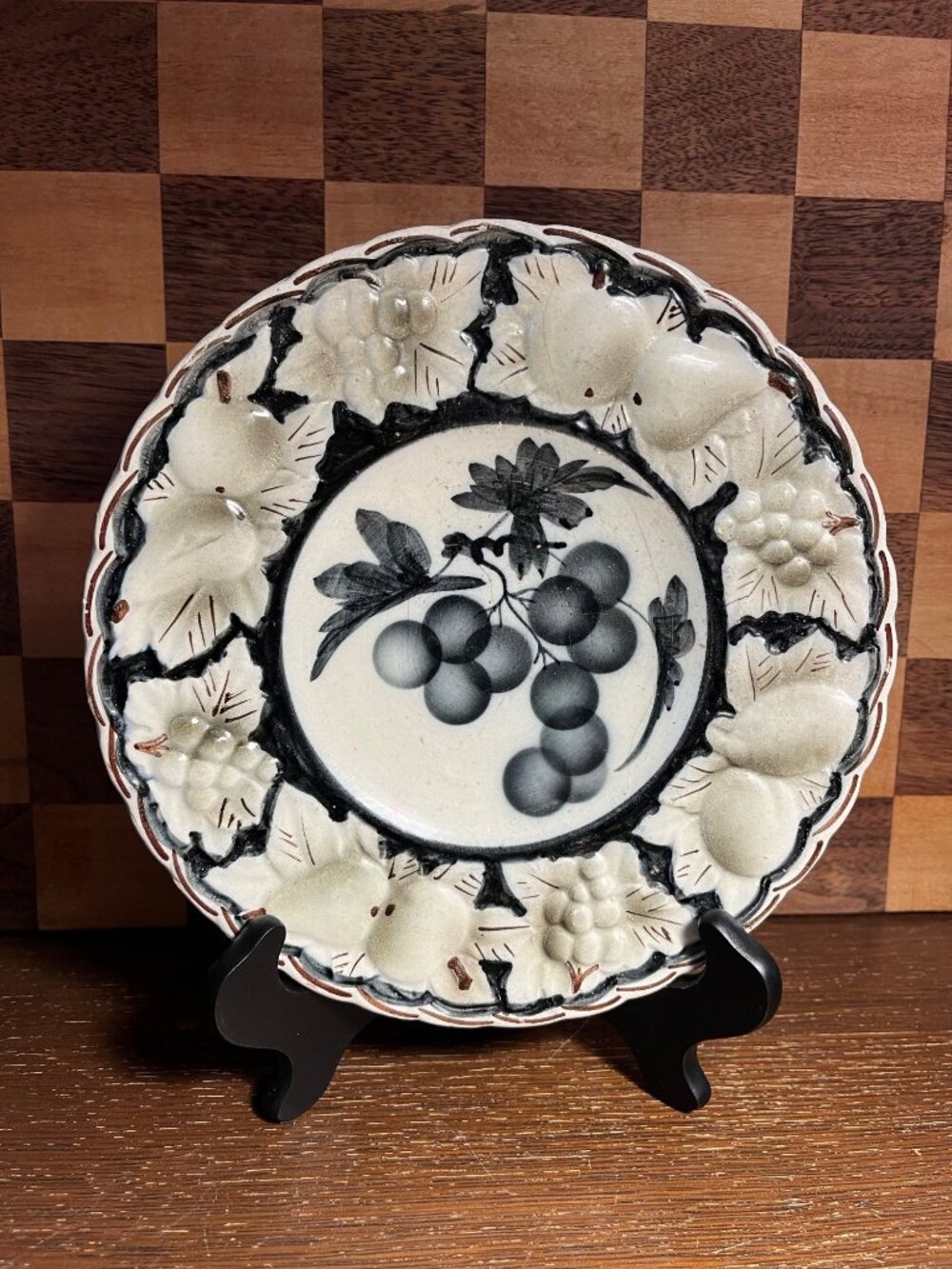 Vintage Italian Black White and Gray Numbered Stoneware Plate, shows wear
